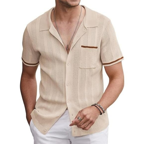 Men's Short Sleeve Knit Shirts Vintage Button Down Polo Shirt Casual Beach Top - Picture 7 of 7
